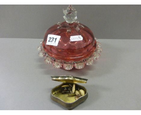 Silver Trinket Box with Contents and a Cranberry Glass Lidded Jar & Lid