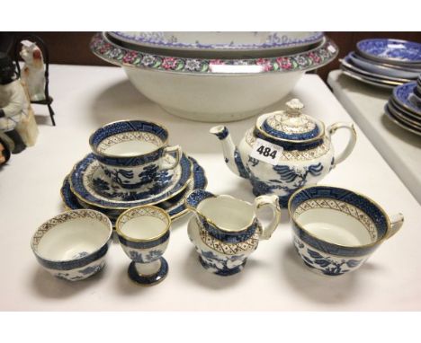 Booths Real Old Willow Small Teapot, Milk, Sugar, Egg Cup, Two Cups, Saucer and Two Tea Plates