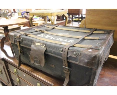 Early 20th century Leather Travelling Trunk with wooden slats