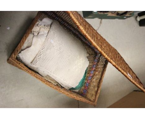 Wicker Hamper with various Vintage Linen and Lace