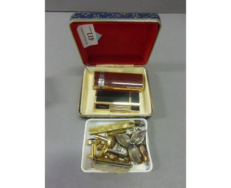 White Metal Lily Flower Broach, Cufflinks, Penknife & Fob Watch Keys plus Two Contemporary Lighters