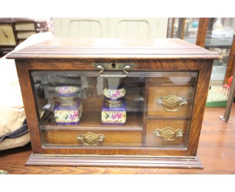 Edwardian Oak Stationery Cabinet with Fitted Interior including Two Ceramic Inkwells and Dish