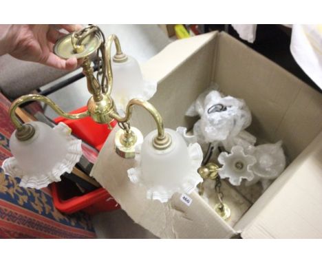 Pair of Three Branch Brass Central Light Fittings with Frilled Glass Shades together with another Wrought Iron Three Branch C