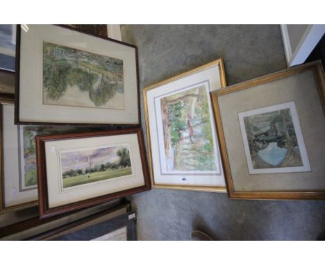 Group of Pictures including Fox Hunting Print, Pair of Pierre Jean Llado Watercolours, John Philip Giles Pen and Watercolour,