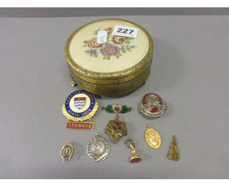 Trinket Box with Silver Fob Medal, Swivel Fob Seal and other Enamel Medals and Brooches