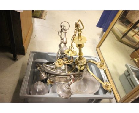 Early 20th century Three Branch Hanging Central Light Fitting with Four Glass Shades together with a Brass Three Branch Centr
