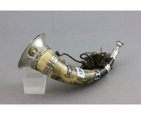 19th century Mounted Cow Horn Hunting Horn with embossed white metal hunter and deer