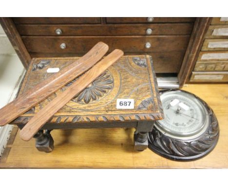 Carved Oak Circular Cased Barometer, Carved Oak Stool and Two Wooden Batons