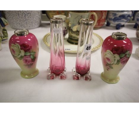 Pair of Silver Topped Glass Vases (Chester 1910 Hallmark) plus a Pair of Ceramic Vases with Silver Rims (Birmingham 1911)