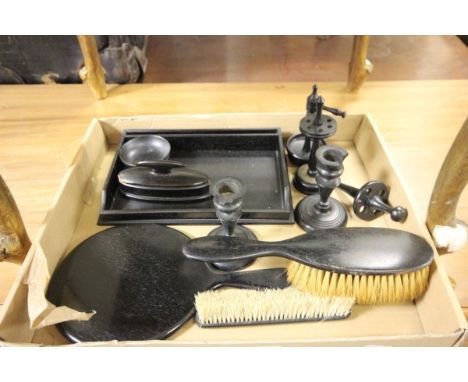 Vintage Ebony Dressing Table Set including Hairbrush, Clothes Brush, Nail Buffer, Dish, 2 Candlesticks, Tray and Hand Mirror