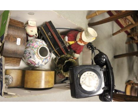 Box of Collectables including Vintage Telephone, French Clocks, etc