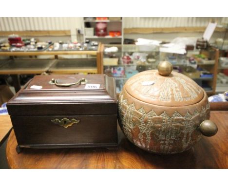 Georgian Mahogany Tea Caddy and Copper Lidded Pot