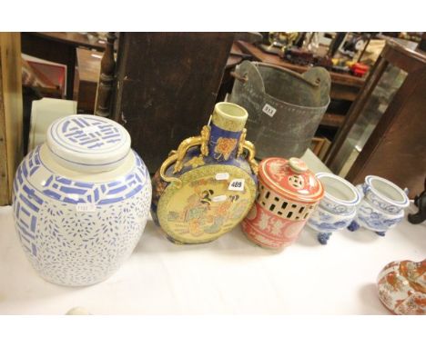 Chinese Moon Flask with Dragon Handles, Large Chinese Blue and White Ginger Jar, Orange Pierced Jar & Lid plus Two Incense Bu