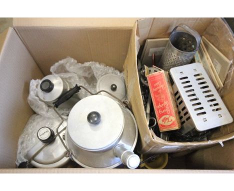 Three Vintage Hot Plates, a Box of Mixed Advertising Tins, Vintage Pressure Cooker and other Kitchenalia