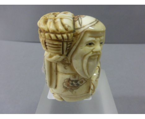 Signed Oxbone Netsuke of a Man with Fan and Basket