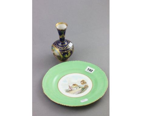 Royal Crown Derby Plate with hand painted cottage scene signed W E J Dean together with Porcelain Vase with Vienna Beehive ma