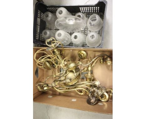 Three Victorian Brass Two Branch Light Fittings and Four Single Branch Brass Wall Light Fittings together with Four Pairs of 