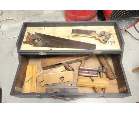 Vintage Wooden Tool Box with various Vintage Planes, Saws, etc