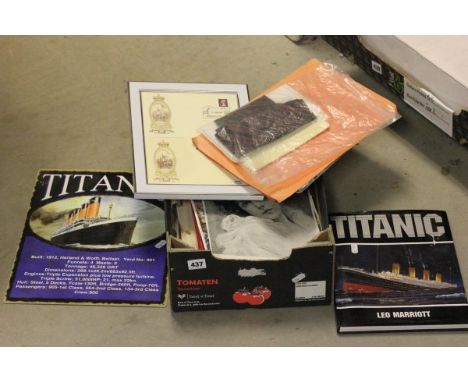 Box of Loose Pictures and Clippings together with a Replica Titanic Metal Sign and Memorabilia plus several First Day Covers