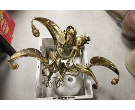 Pair of Art Nouveau Late 19th century Brass Three Branch Central Light Fittings, each with three opaque glass shades