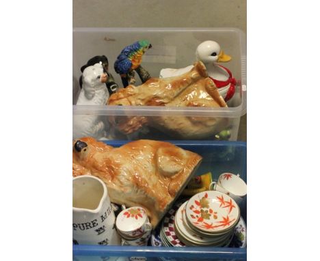 Box of Mixed Ceramic Animal Figures and a Box of Mixed Ceramics including Kitchen Jugs, etc