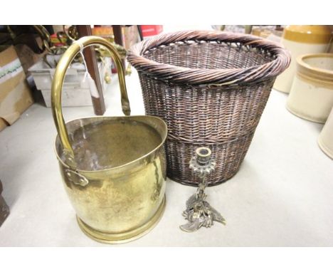 Wicker Basket, Coal Scuttle and a Candlestick