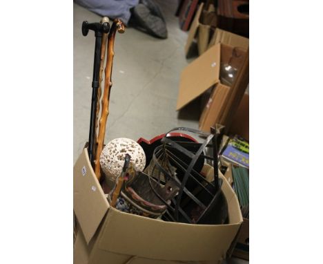 Box containing Metal Jugs, Painted Clock Face, Metal Bowl, Planter, Walking Sticks, etc