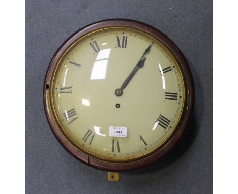 A late Victorian mahogany circular wall timepiece with single fusee movement, the painted dial with Roman numerals, within a 