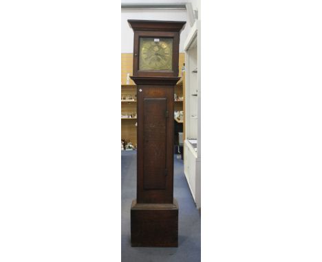 A late 18th Century oak longcase clock with thirty hour movement striking on a bell, the square brass dial with matt centre, 