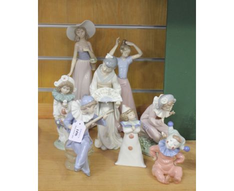 A group of eight Nao porcelain figures, comprising Getting Ready, No 1219, Girl with Basket of Flowers, Dancer Japanese Girl,