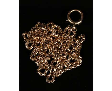 A 9ct gold rectangular link long guard chain, fitted with a boltring clasp, length approx 104cm.