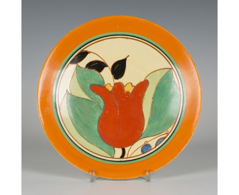 A Clarice Cliff Fantasque Red Tulip pattern circular plate, decorated with a tulip and leaves within a green and orange bande