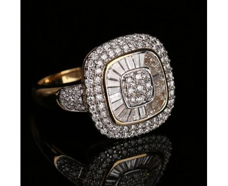 A gold and diamond cluster ring in a curved square design, mounted with circular cut diamonds within a surround of baguette d