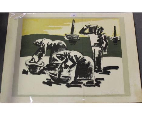 Josef Herman - Fisherfolk, colour lithograph, signed and editioned 109/150 in pencil, approx 56cm x 77cm.