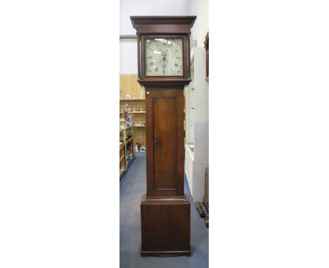 A George III oak longcase clock with thirty hour movement striking on a bell, the painted square dial with black Roman numera