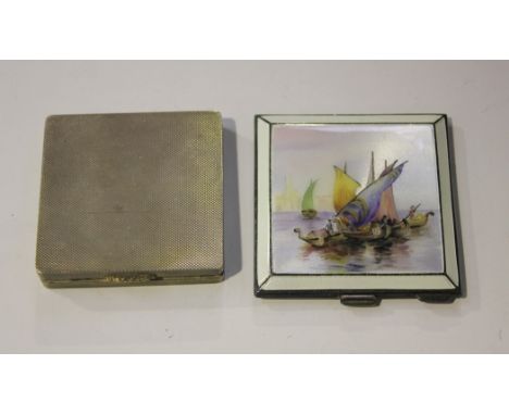 A silver and enamel powder compact of square outline, the hinged lid with enamel panel painted with Venetian boats within a c