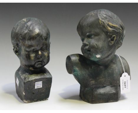 Two early 20th Century patinated plaster portrait busts of young children, heights approx 22cm and 19cm.