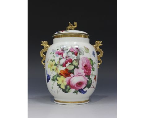 A Staffordshire bone china potpourri vase, cover and liner, circa 1830, the pierced cover with gilt dragon/phoenix finial, th