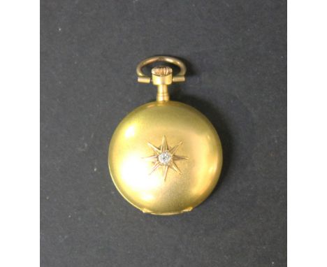 An 18ct gold and diamond set keyless wind hunting cased lady's fob watch, the white enamel dial with Arabic numerals and pier