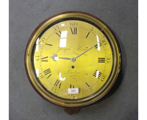 A George III mahogany cased circular wall timepiece with eight day fusee movement, the brass dial with Roman hour numerals an
