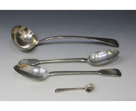 A George III silver Old English pattern soup ladle, London 1816 by Solomon Hougham, length approx 33cm, a pair of silver Fidd