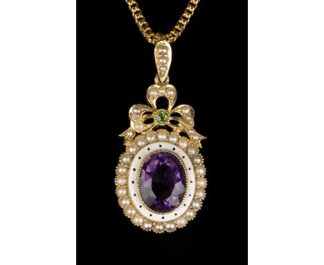 A gold, enamelled, amethyst, seed pearl and demantoid garnet set pendant, mounted with an oval cut amethyst within a white an