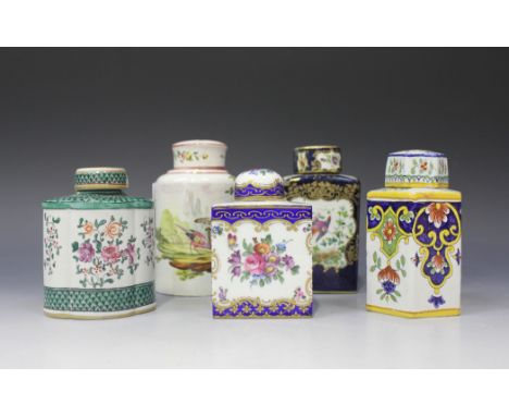 A Continental porcelain tea caddy and cover, early 20th Century, painted in the Chinese style with famille rose flowers withi