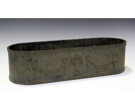 A 19th Century cast iron planter, the curve-ended body decorated in relief with swags and urns, height approx 15cm, length ap