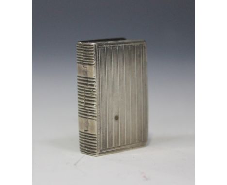 A George IV silver rectangular vinaigrette in the form of a book with engine turned decoration, the gilt interior with hinged