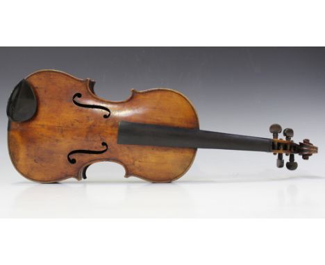 A violin with two-piece back, length of back excluding button approx 35.6cm.