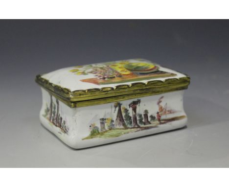 A mid-18th Century Staffordshire enamel rectangular snuffbox, the hinged lid painted with fruit and flowers, the concave side