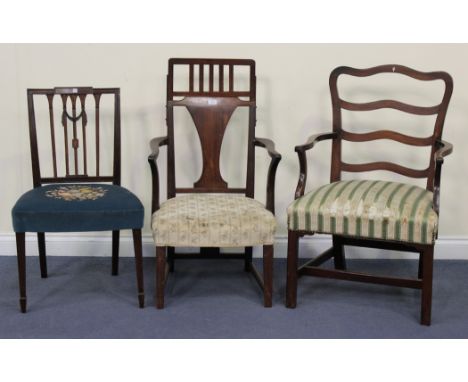 A George III mahogany splat back elbow chair with an adjustable headrest, on block legs, width approx 55cm, together with a G