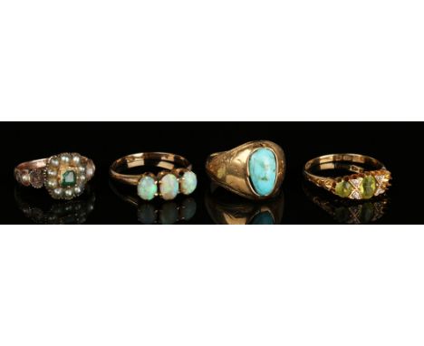 A gold and opal three stone ring, a gold and turquoise single stone ring, an 18ct gold, peridot and diamond ring, Chester 190