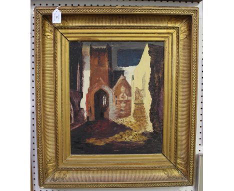 After John Piper - St Mary le Port, Bristol, oil on board, approx 45cm x 37cm, within a gilt composition frame.